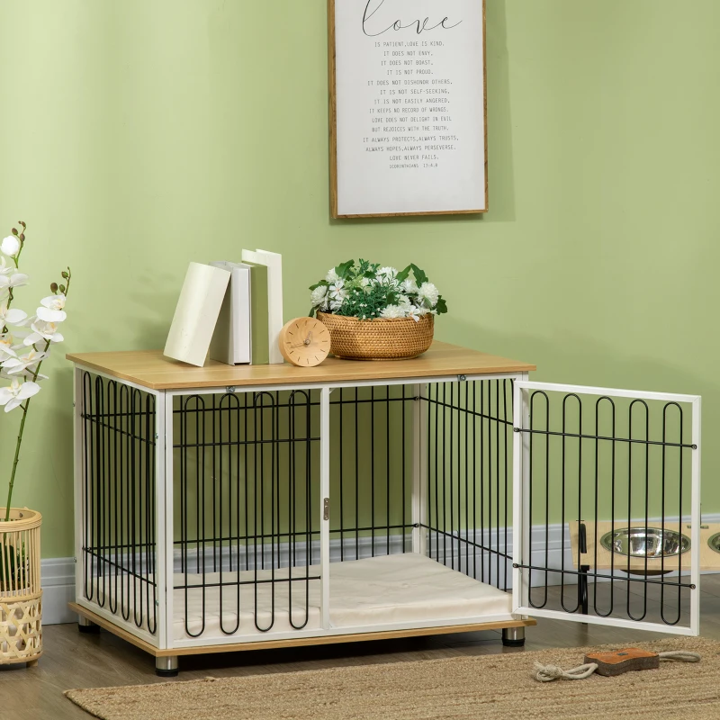 PawHut Jaula para Perros para Interior con Encimera Mesa con Perrera con Pestillo y Cojín 90x58x62,5 cm Roble y Blanco