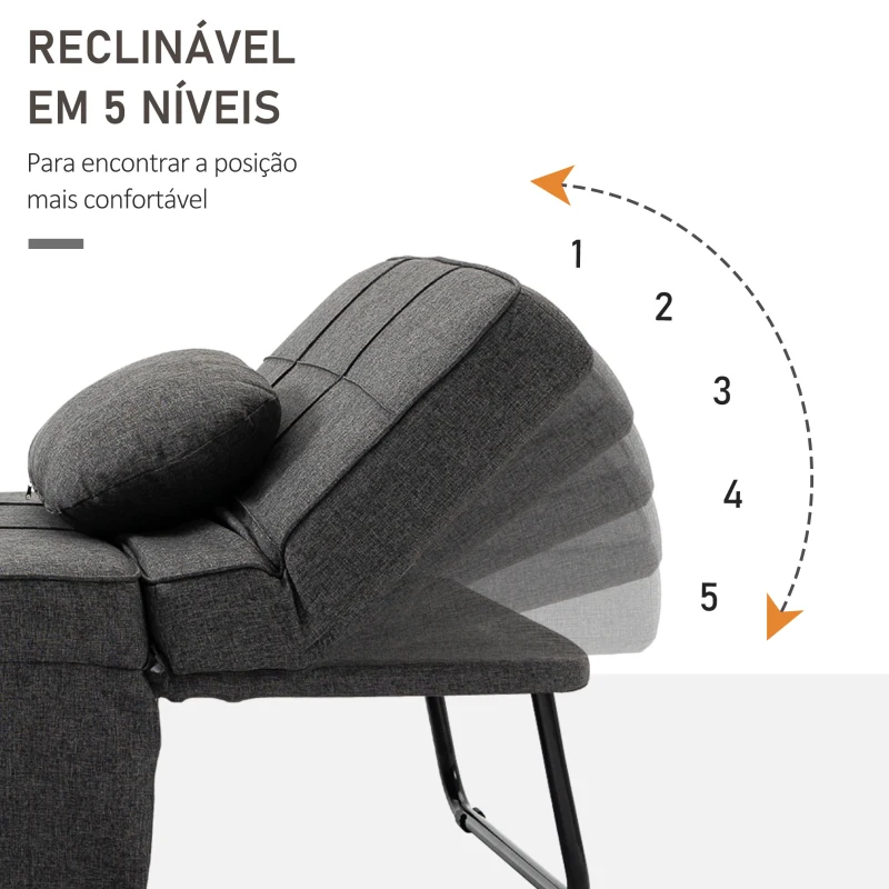HOMCOM Sofá Cama Individual 3 em 1 Estofado em Linho Reclinável em 5 Posições com Apoio para os Pés e Apoio para a Cabeça 95x189x43cm Cinza