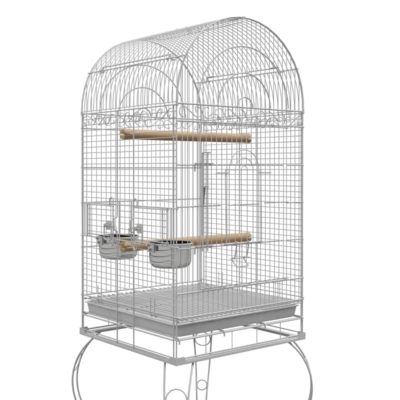 PawHut Gaiola para Pássaros com Rodas Bandeja Amovível Prateleira 2 Comedouros de Aço Inoxidável e Poleiro 51x51x153 cm Branco