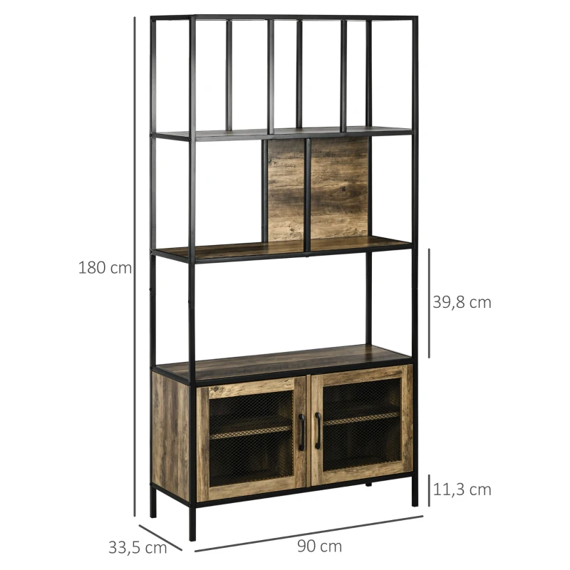 HOMCOM Estantería Industrial con 2 Puertas de Rejilla y Marco de Metal para Salón Oficina 90x33,5x180 cm Negro y Natural