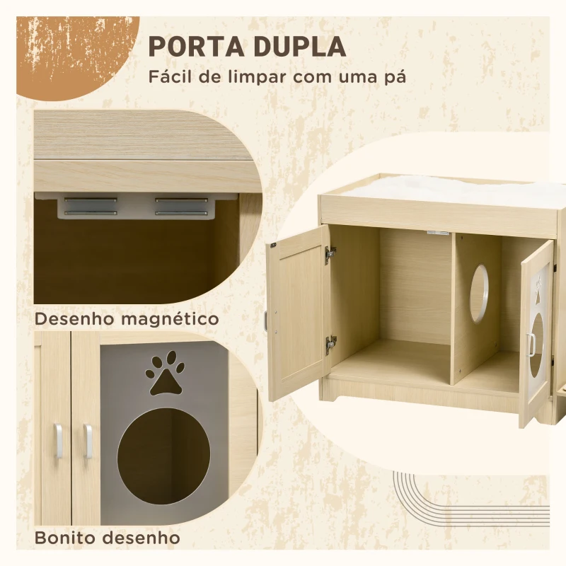 PawHut Caixa de Areia para Gatos de Madeira com Cama Almofada Suave 3 Plataformas e Postes de Sisal 107x54x70cm Carvalho