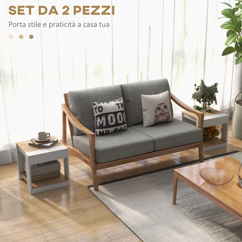 HOMCOM Set da 2 Tavolini da Soggiorno con Design a Due Livelli, 40x40x45cm, Bianco e Quercia