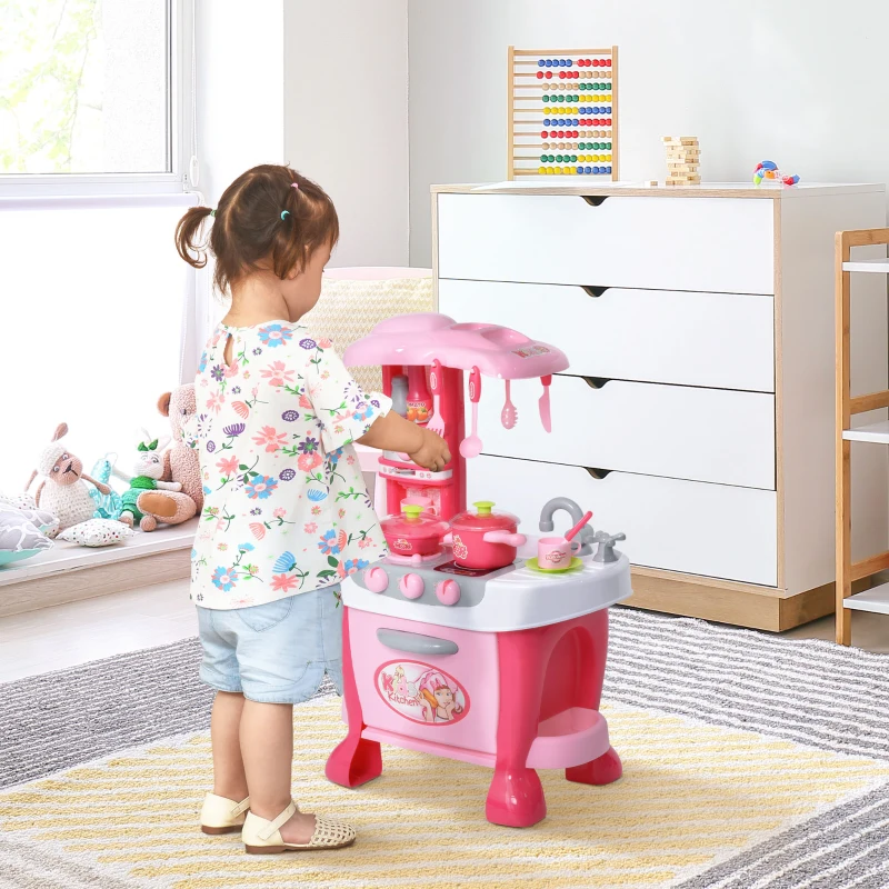 HOMCOM Kinderküche, 38-tlg. Zubehör, Licht- und Toneffekte, Rosa