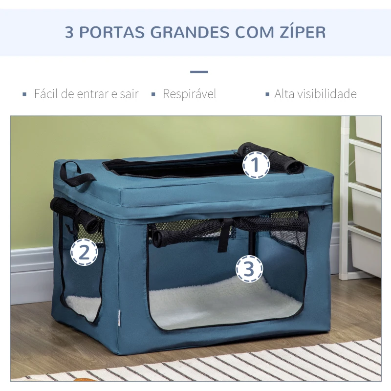 PawHut Transportadora para Cães e Gatos Portátil Dobrável com 3 Portas e Almofada Suave 60x42x42 cm Azul