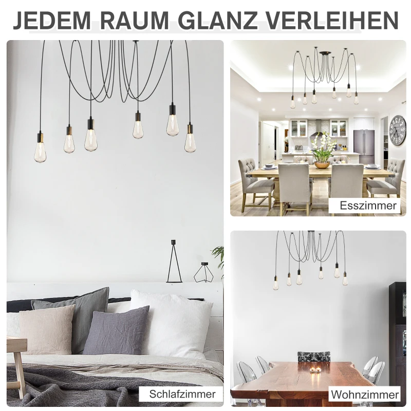 HOMCOM Deckenleuchte Kronleuchter mit 6 verstellbaren Armen, Leuchte in Spinnenform für Esszimmer, Wohnzimmer, Stahl, Schwarz, 340x340x160 cm