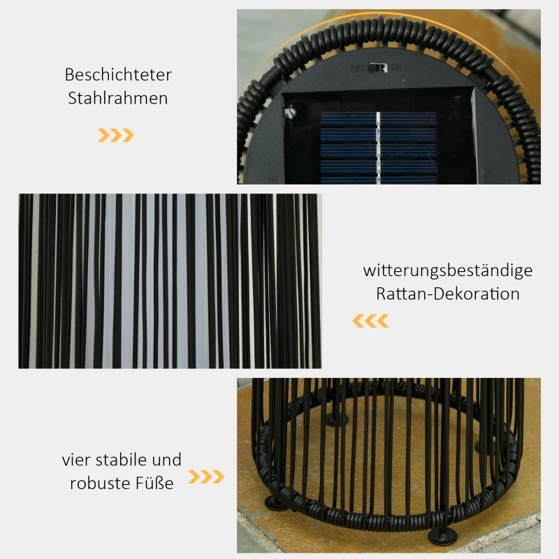 Outsunny Lampka Ogrodowa Zewnętrzna, Solarna, 8 Godzin Pracy, Wygląd Rattanu, Czarny, 21,5 x 21,5 x 61 cm