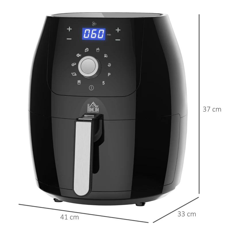 HOMCOM Heißluftfritteuse Luftfritteuse Airfryer Edelstahl Frittierkorb 5,5L 1700W mit Digitalem LED-Touchscreen Heißluftfritteuse Grillen Braten Backen PP Aluminium Schwarz 41 x 33 x 37 cm