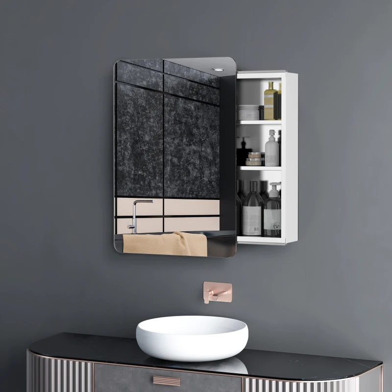 kleankin 66x46cm Curved Bathroom Storage Cabinet w/ Sliding Mirror Door 3 Shelves Stainless Steel Frame On-Wall Unit Home Furniture