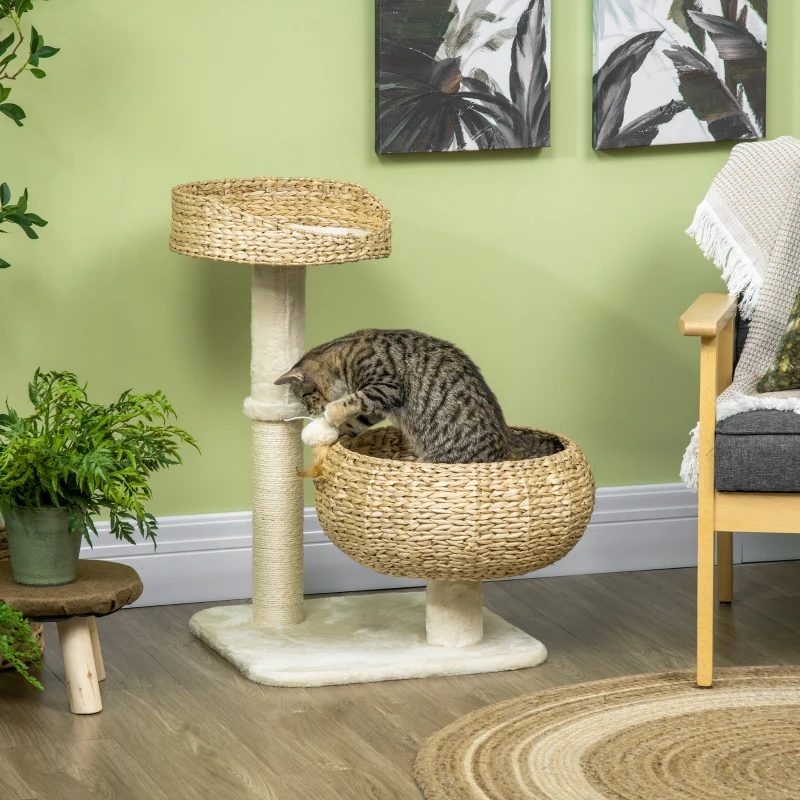 PawHut Scratching Post, Two Cat Beds with Washable Cushions, Two Scratching Posts, Play Ball, Beige+Cream, 48 x 48 x 72cm