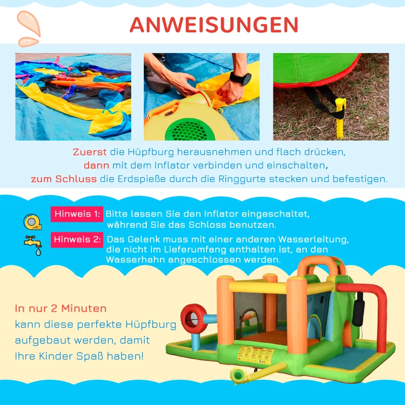 Outsunny Opblaasbaar springkasteel met glijbaan, springkussen, 2 waterbaden, bokszak, 478 x 440 x 210 cm