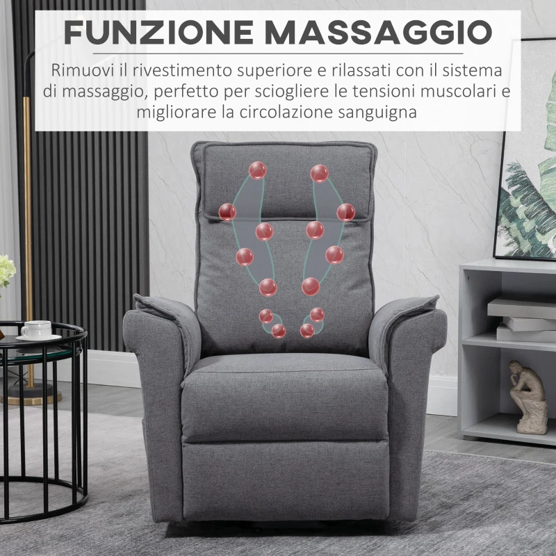 HOMCOM Poltrona Relax Alzapersona Massaggiante e Reclinabile a 150°, Rivestimento in Tessuto Grigio