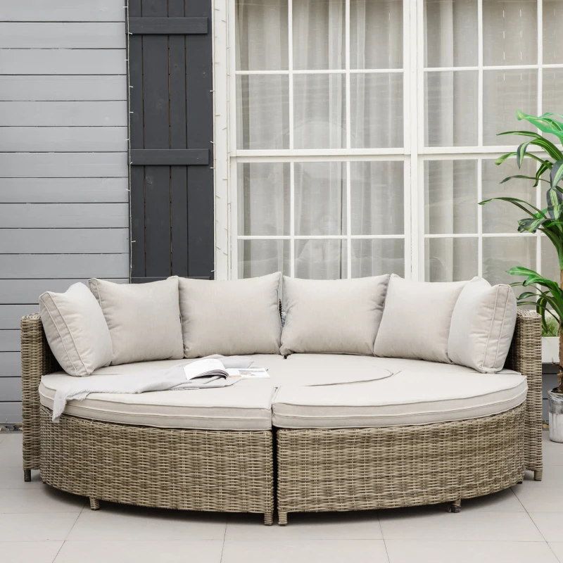 Outsunny 5 PCs Outdoor Rattan Lounge Chair Round Daybed Table Conversation Set w/ Cushion