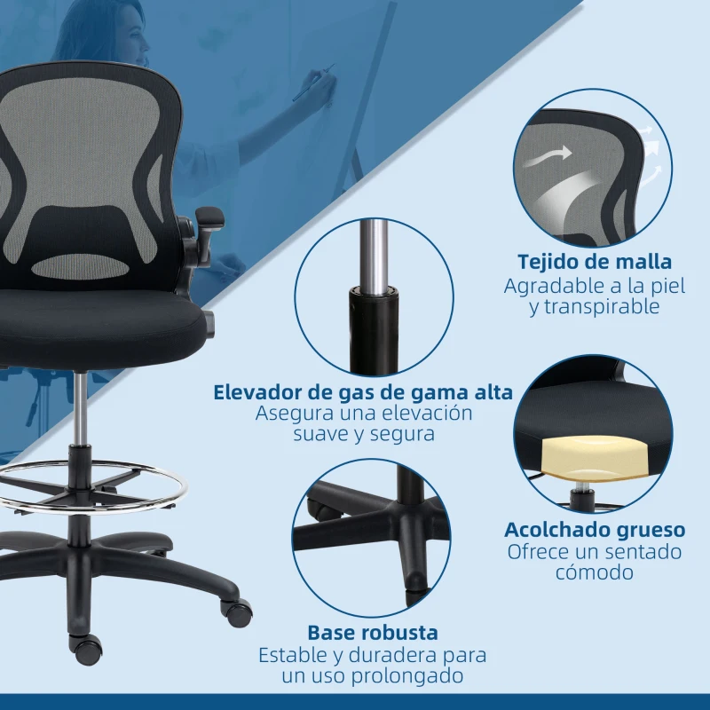 Vinsetto Silla de Dibujo Giratoria con Soporte Lumbar Reposapiés Ajustable y Reposabrazos Abatibles 59x65x102-122 cm Negro