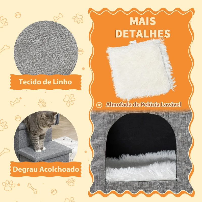 PawHut Escada para Cães de 3 Degraus com Tampas 3 Caixas de Armazenamento Caverna e Almofada Lavável 73,5x33x40,5cm Cinza