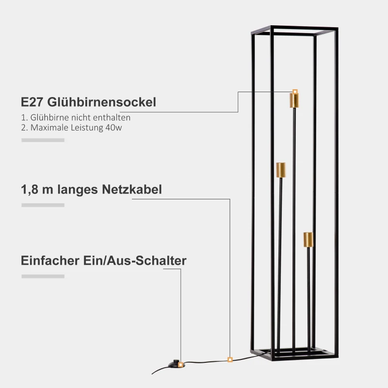 HOMCOM lampa podłogowa z 3 oprawkami żarówek nowoczesna lampa stojąca E27/E26 z przełącznikiem nożnym do salonu sypialni stal kolor czarny 30 x 30 x 140 cm