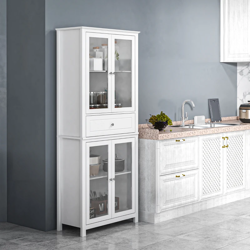 HOMCOM Alacena de Cocina Mueble Vitrina con 4 Puertas de Vidrio Templado Cajón y Estantes Ajustables 74x35,5x181,5 cm Blanco(m-2)