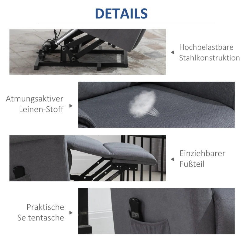 HOMCOM Sessel mit Aufstehhilfe Fernsehsessel Massagesessel Relaxsessel elektrisch Aufstehsessel mit Liegefunktion Leinen-Touch Stahl Grau 86 x 95 x 106 cm