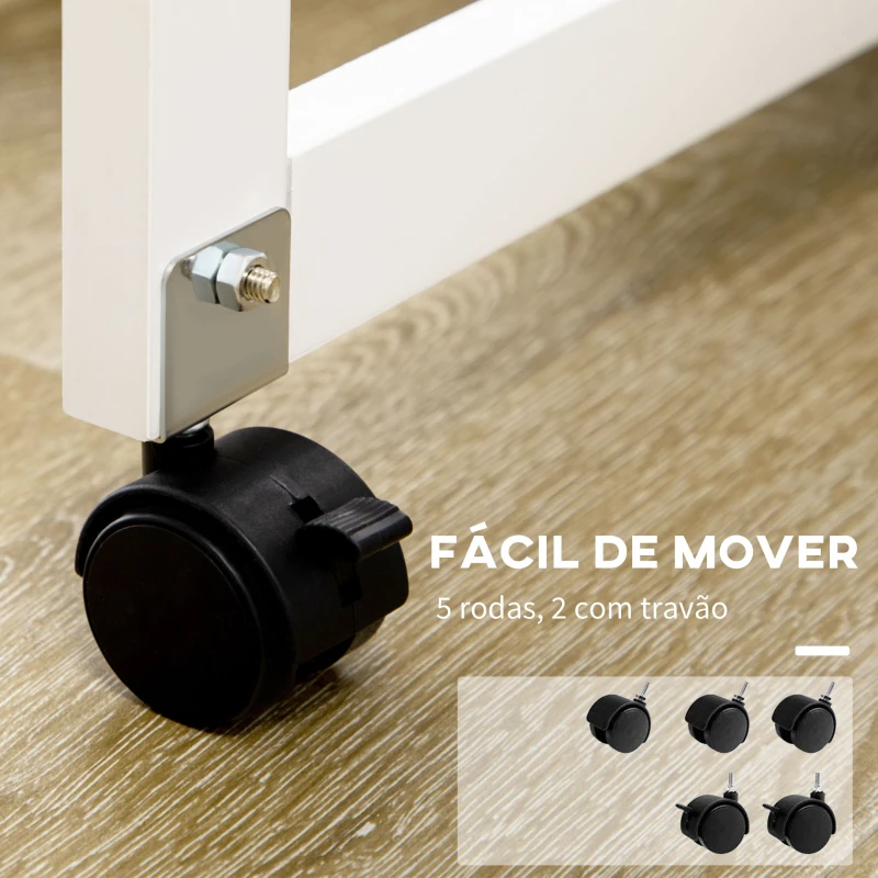 HOMCOM Conjunto de Mesa e 2 Bancos para Cozinha Mesa com Rodas Bancada Dobrável 2 Gavetas e Prateleira 87x74x86cm Carvalho e Branco
