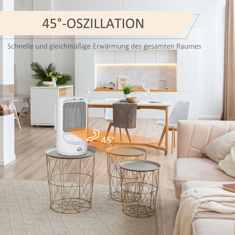 HOMCOM Heizgerät Heizlüfter 750W/1500W Keramik Elektroheizer mit 3 Stufen Warm 12-Stunden-Timer 45° Oszillation Heizer Heizung Wärme PBT Weiß