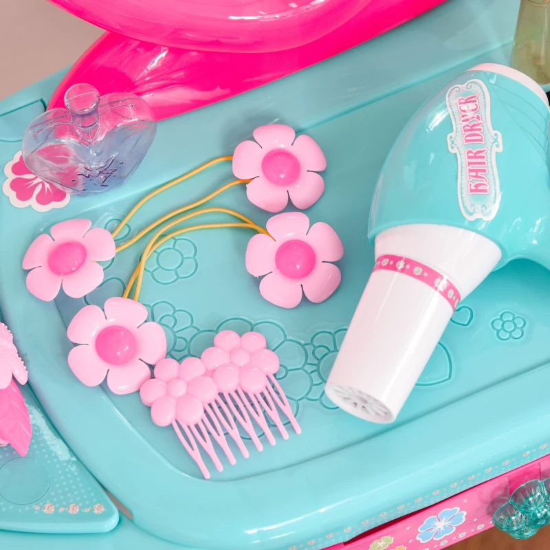 HOMCOM Kinderschminktisch mit Schubladen und reichhaltigem Zubehör Frisiertisch mit Hocker Licht für Mädchen ab 3 Jahre Kosmetik Spiegel Seeblau+Weiß 49,5 x 25 x 69 cm