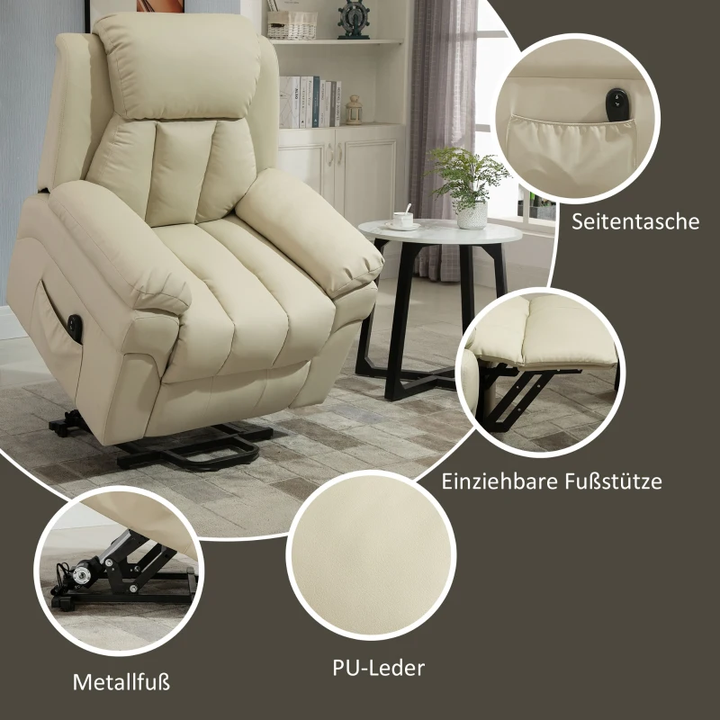 HOMCOM Relaxsessel, Fernsehsessel, mit Aufstehhilfe, Fußstütze, hochstabil, Kunstleder, Beige, 96 x 93 x 103cm
