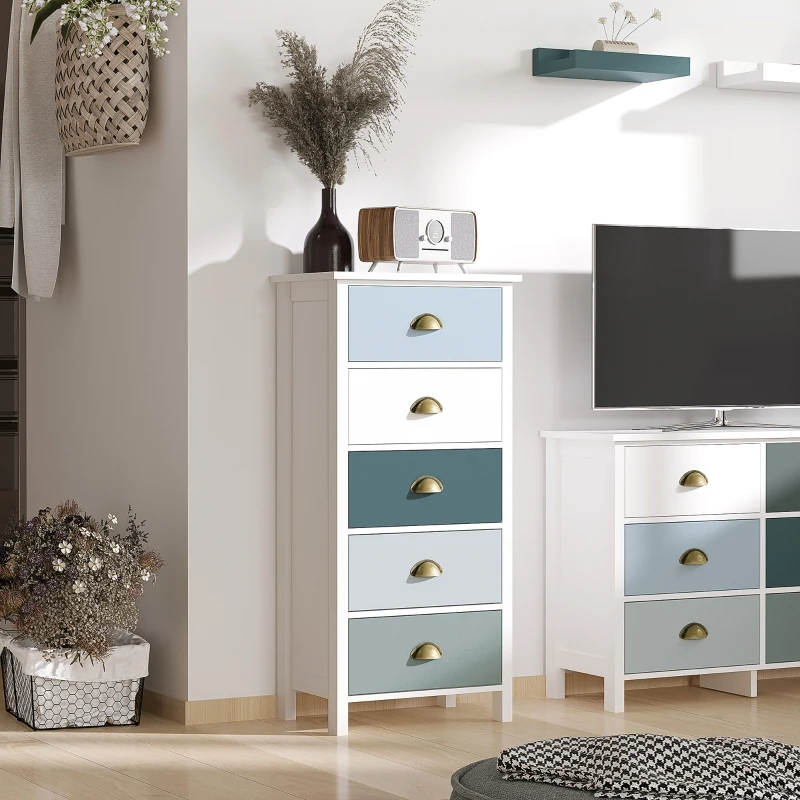 HOMCOM Slim Storage Cabinet Organiser, Chest of Drawers, 5-Drawer Dresser with Metal Handle for Living Room, Bedroom, Blue