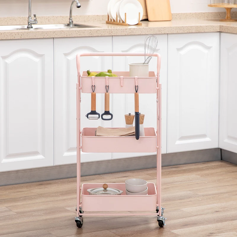 HOMCOM Carrito Auxiliar con Ruedas Carrito Plegable de 3 Niveles con 4 Ganchos y 3 Cestas Extraíbles 43x31x89 cm Rosa