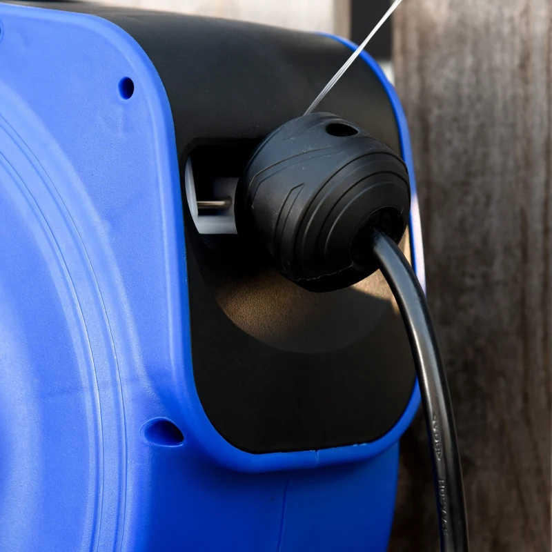 DURHAND Kabeltrommel 10 m+1.3 m Leitung Automatik Kabelaufroller Outdoor Aufroll stromkabel drehbar Wandhalterung, PP, Gummi, Metall, Schwarz + Blau, 28L x 16B x 27H cm