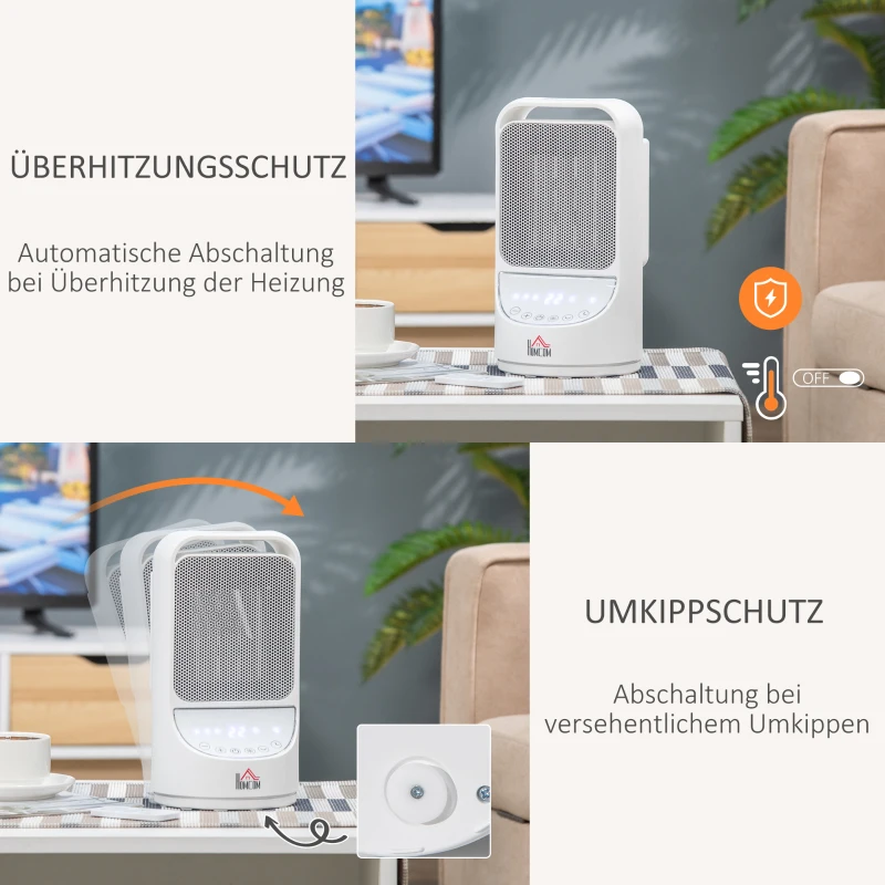 HOMCOM Heizgerät Heizlüfter 750W/1500W Keramik Elektroheizer mit 3 Stufen Warm 12-Stunden-Timer 45° Oszillation Heizer Heizung Wärme PBT Weiß