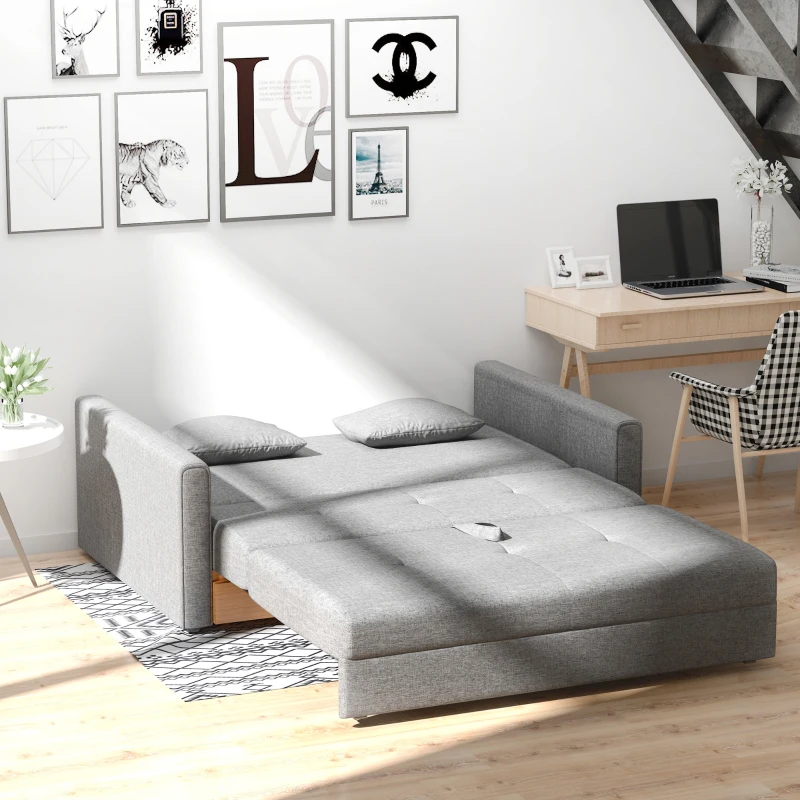 HOMCOM Two Seater Fabric Sofa Bed, 2-in-1 Sofabed with Hidden Storage, Living Room Furniture, Grey