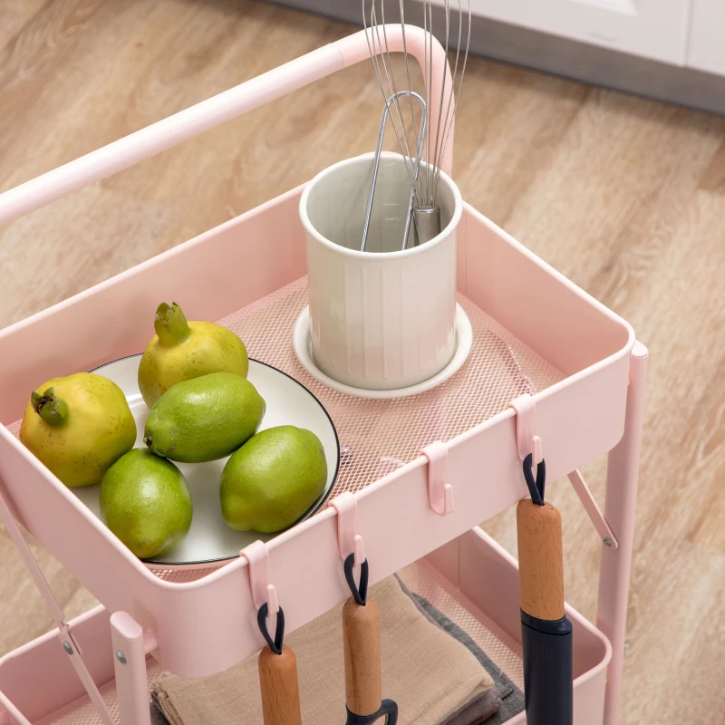 HOMCOM Carrito Auxiliar con Ruedas Carrito Plegable de 3 Niveles con 4 Ganchos y 3 Cestas Extraíbles 43x31x89 cm Rosa