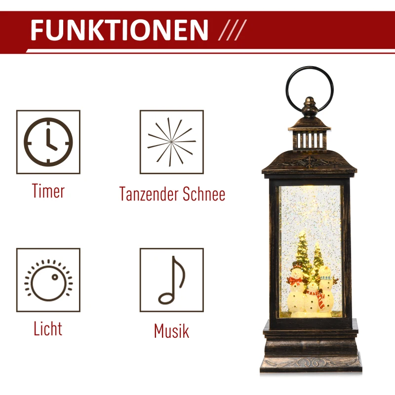 HOMCOM Weihnachten Schneelaterne mit Santa Musik Licht Schnee, Glaskugellaterne, 6h Timer, USB oder batteriebetrieben Metall 10,4 x 10,4 x 27,5 cm