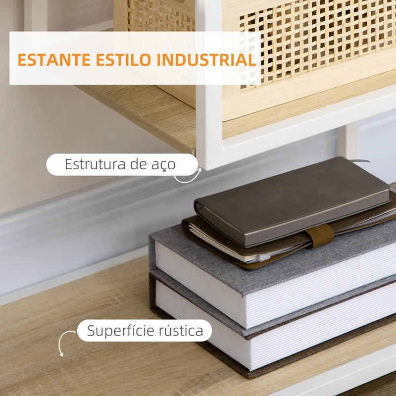 HOMCOM Estante de Armazenamento para Livros com Estrutura de Aço para Escritório Sala de Estar Estúdio 83x34x180cm Carvalho e Branco