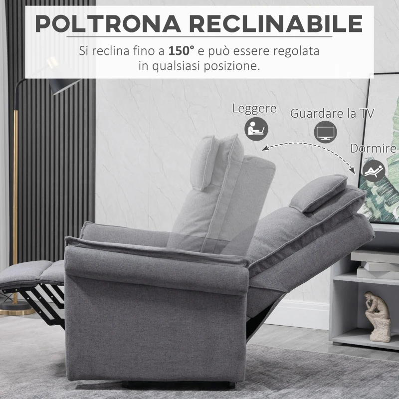 HOMCOM Poltrona Relax Alzapersona Massaggiante e Reclinabile a 150°, Rivestimento in Tessuto Grigio