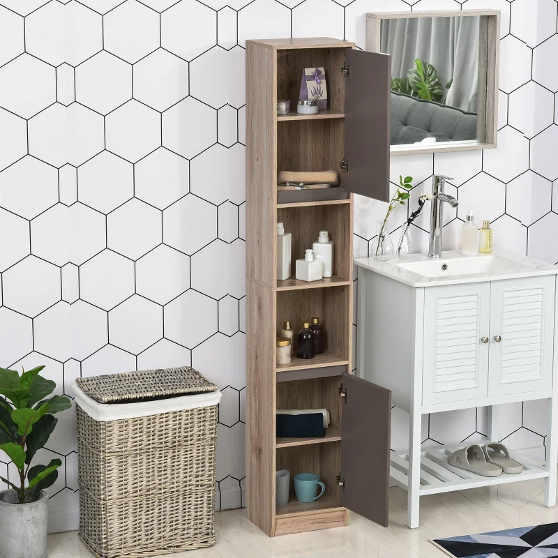 HOMCOM Freestanding Bathroom Storage Cabinet w/ 2 Cupboards 2 Compartments Home Organisation Anti-Tipping Elevated Base 30L x 24W x 170H cm Grey&Brown