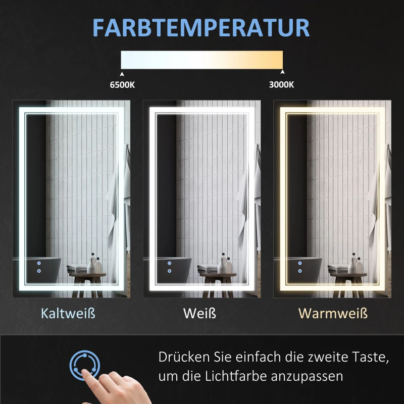 kleankin Badkamerspiegel met LED-verlichting, geheugenfunctie, aanraakschakelaar, spatwaterdicht, zilver