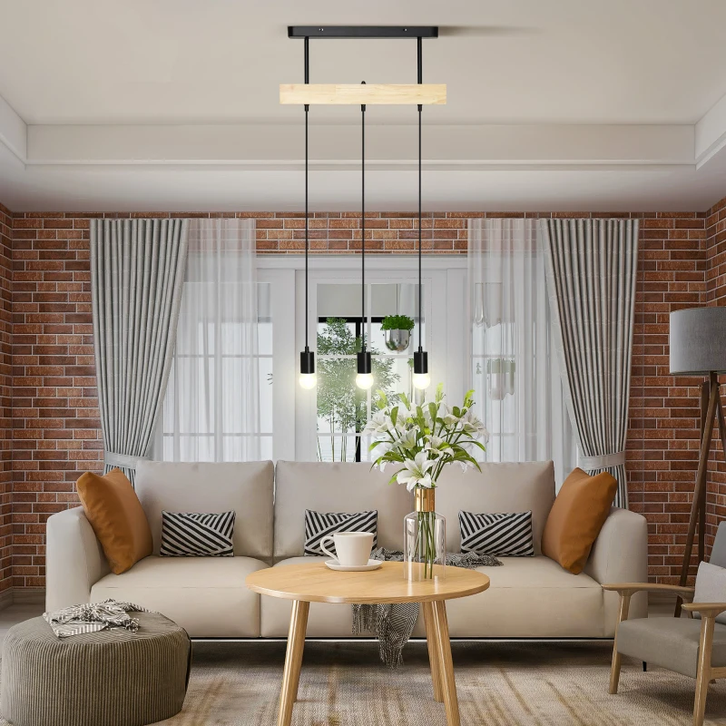 HOMCOM Hanglamp, 3-Lichtbronnen, Hoogteverstelbaar, Industrieel Design, Metaal+Hout, Zwart
