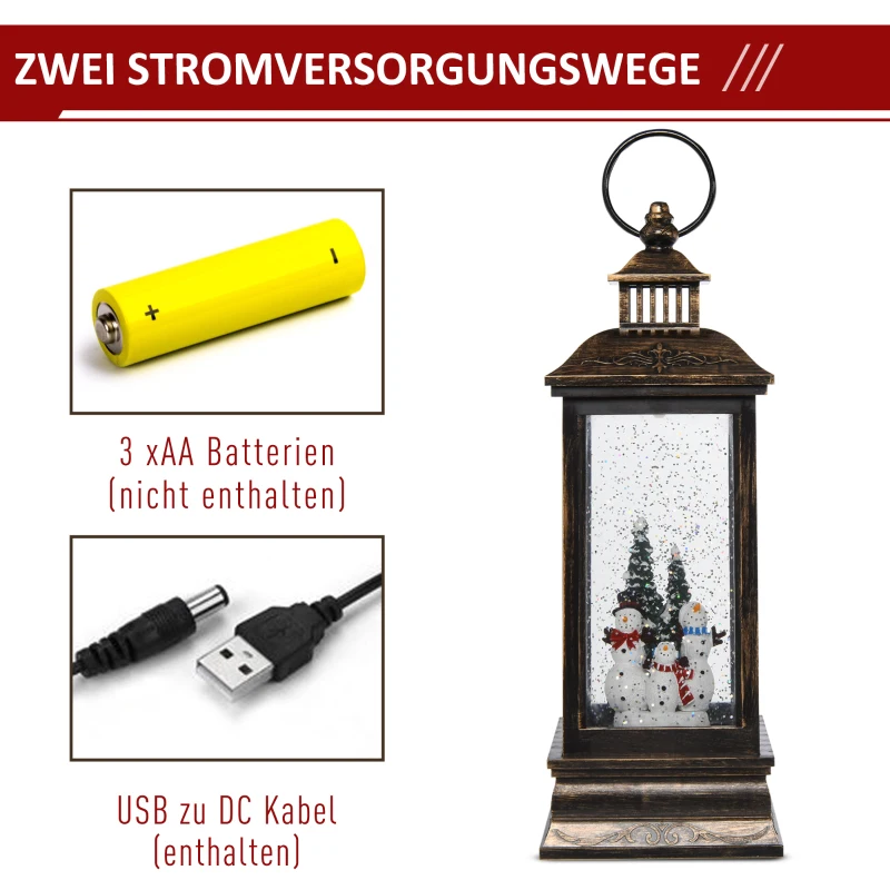 HOMCOM Weihnachten Schneelaterne mit Santa Musik Licht Schnee, Glaskugellaterne, 6h Timer, USB oder batteriebetrieben Metall 10,4 x 10,4 x 27,5 cm