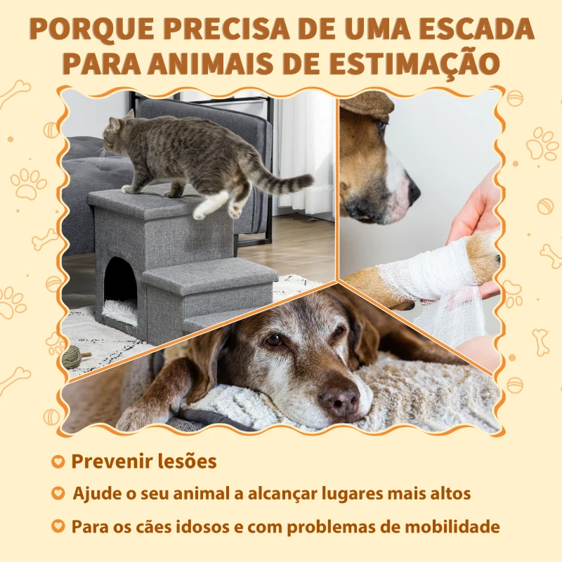 PawHut Escada para Cães de 3 Degraus com Tampas 3 Caixas de Armazenamento Caverna e Almofada Lavável 73,5x33x40,5cm Cinza