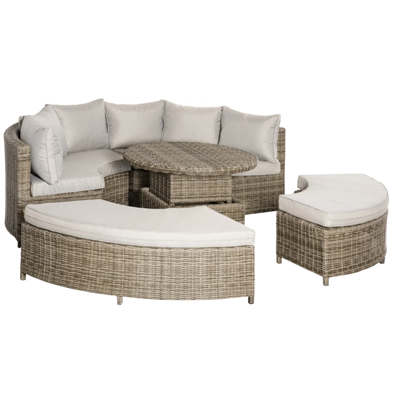 Outsunny 5 PCs Outdoor Rattan Lounge Chair Round Daybed Table Conversation Set w/ Cushion