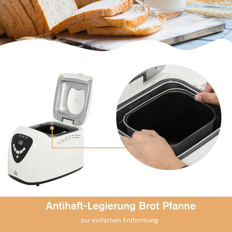 HOMCOM Brotbackautomat mit 12 Backprogrammen 3 Backfarben und 2 Brotgrößen 600W Brotmaschine mit Beobachtungsfenster 13-Stunden-Timerfunktion Edelstahl Weiß 40,7 x 28,2 x 29,9 cm