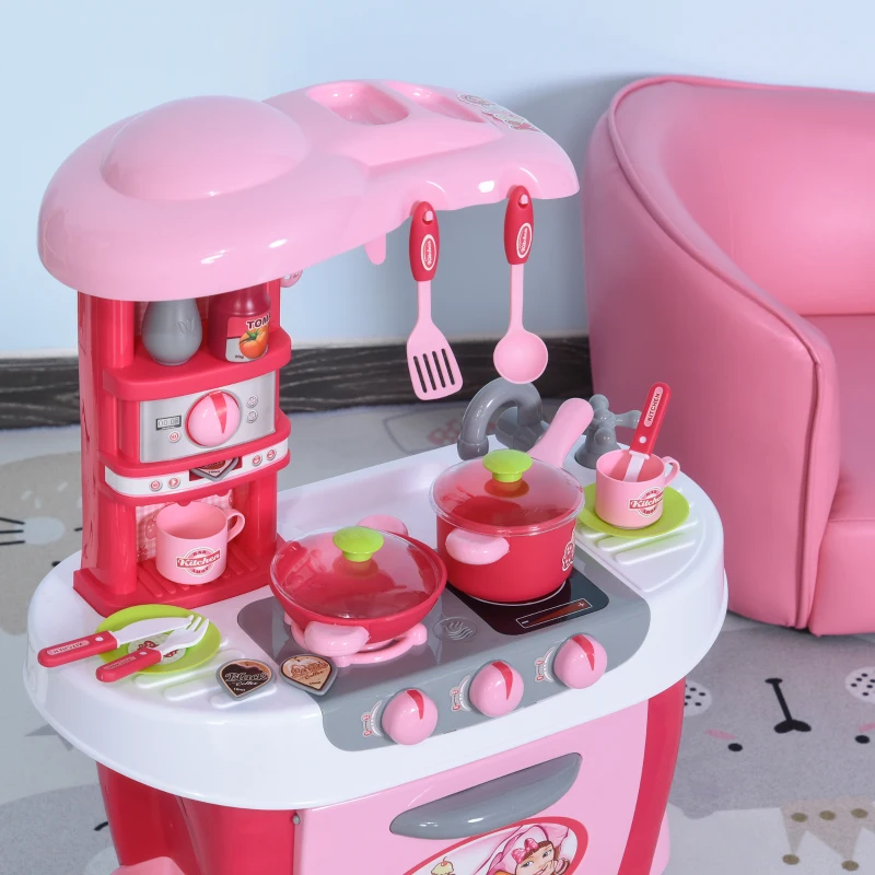HOMCOM Kinderküche, 38-tlg. Zubehör, Licht- und Toneffekte, Rosa