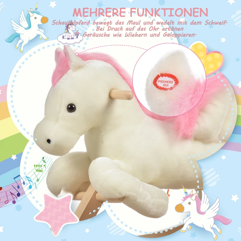 HOMCOM Kinder Schaukelpferd Baby Schaukeltier Pferd mit Tiergeräusche Spielzeug Haltegriffe für 18-36 Monate Plüsch Weiß+Rosa 70 x 28 x 57 cm