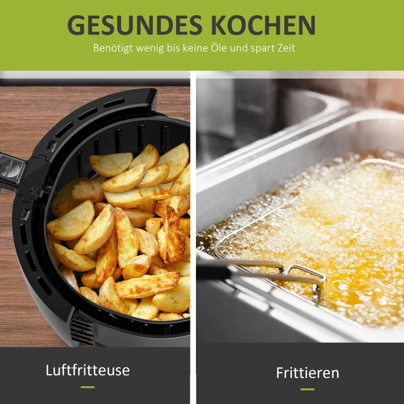 HOMCOM Heißluftfritteuse Luftfritteuse Airfryer Edelstahl Frittierkorb 5,5L 1700W mit Digitalem LED-Touchscreen Heißluftfritteuse Grillen Braten Backen PP Aluminium Schwarz 41 x 33 x 37 cm