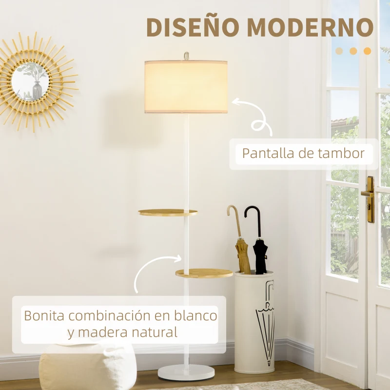 HOMCOM Lámpara de Pie con 2 Estantes de Estilo Moderno Casquillo E27 Máx. 40W para Salón Dormitorio Ø40x163 cm Blanco