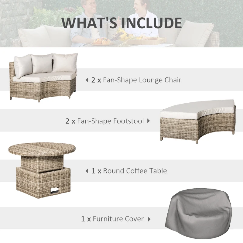 Outsunny 5 PCs Outdoor Rattan Lounge Chair Round Daybed Table Conversation Set w/ Cushion