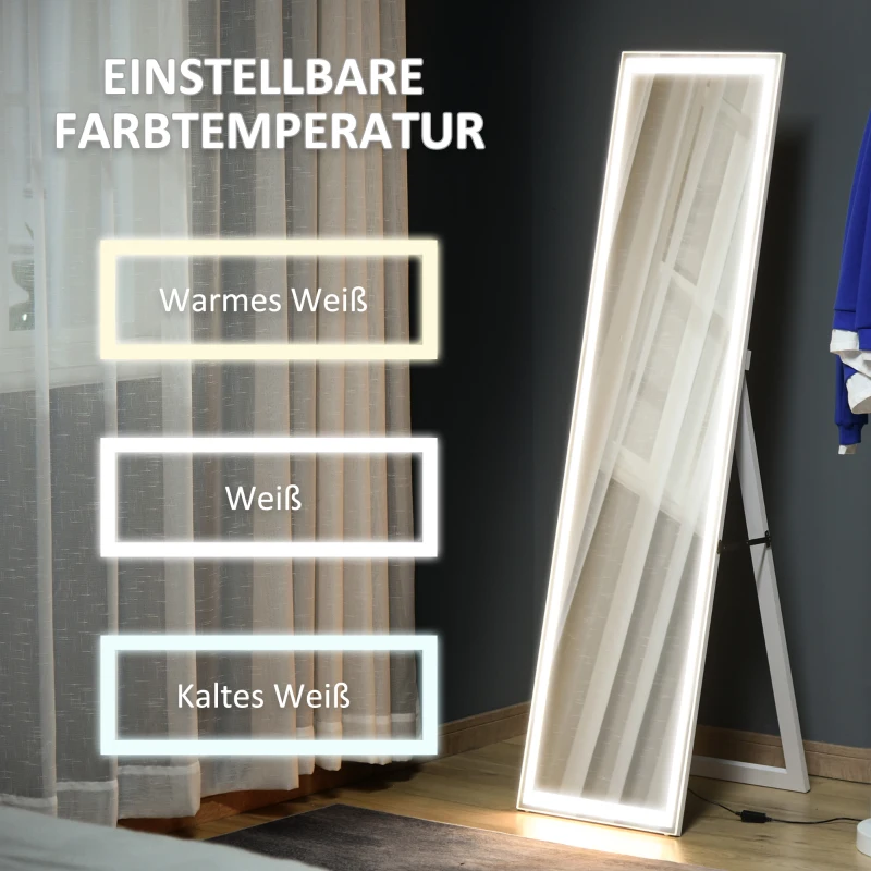 HOMCOM Standspiegel Ganzkörperspiegel Schminkspiegel erhöhte mit LED mit Fernbedienung wand montierbar boten-montierbar MDF Glas Weiß 40 x 55 x 156,5 cm