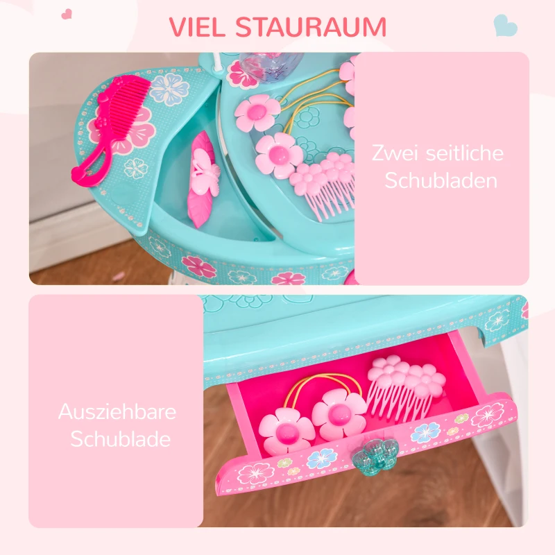 HOMCOM Kinderschminktisch mit Schubladen und reichhaltigem Zubehör Frisiertisch mit Hocker Licht für Mädchen ab 3 Jahre Kosmetik Spiegel Seeblau+Weiß 49,5 x 25 x 69 cm