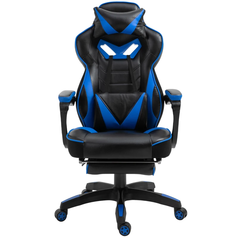 Vinsetto Computer Gaming Chair, Racing Desk Chair with Lumbar Support and Footrest, PU Leather Gamer Chair with Headrest and Swivel Wheels for Home, Blue