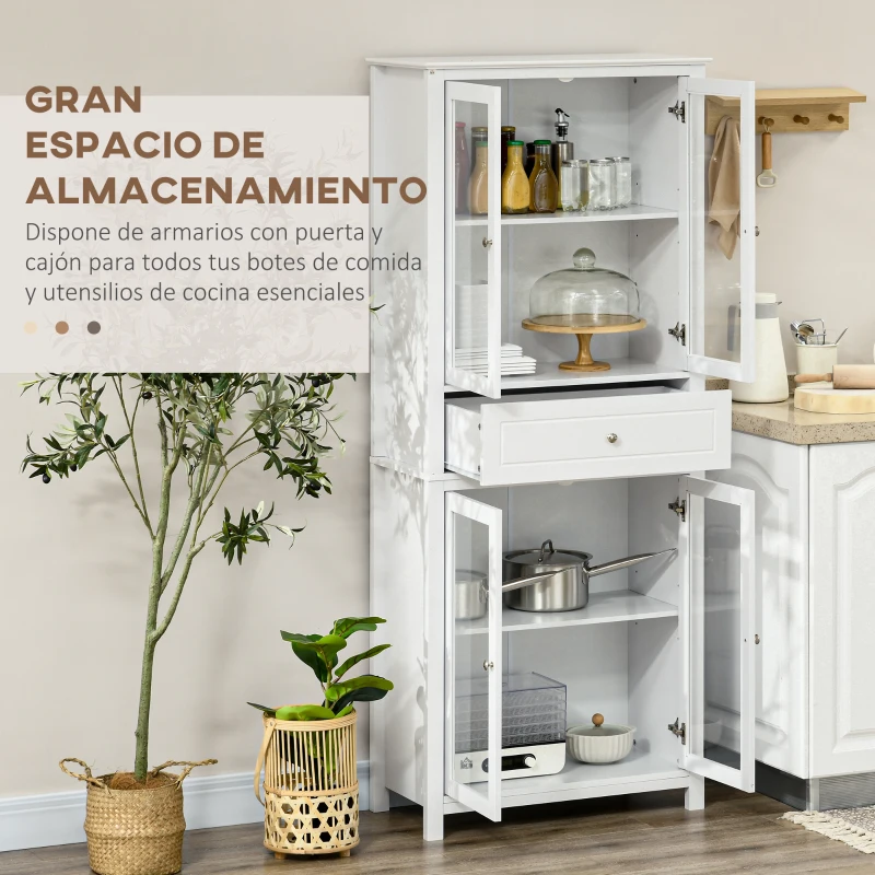 HOMCOM Alacena de Cocina Mueble Vitrina con 4 Puertas de Vidrio Templado Cajón y Estantes Ajustables 74x35,5x181,5 cm Blanco(m-4)